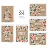 Painted Kraft Style Holiday Cards / 24 Modern Christmas Note Cards With White Envelopes / 4 5/8" x 6 1/4" Illustrated Faux Kraft Greeting Cards / 6 Cheery Winter Designs/Made In The USA