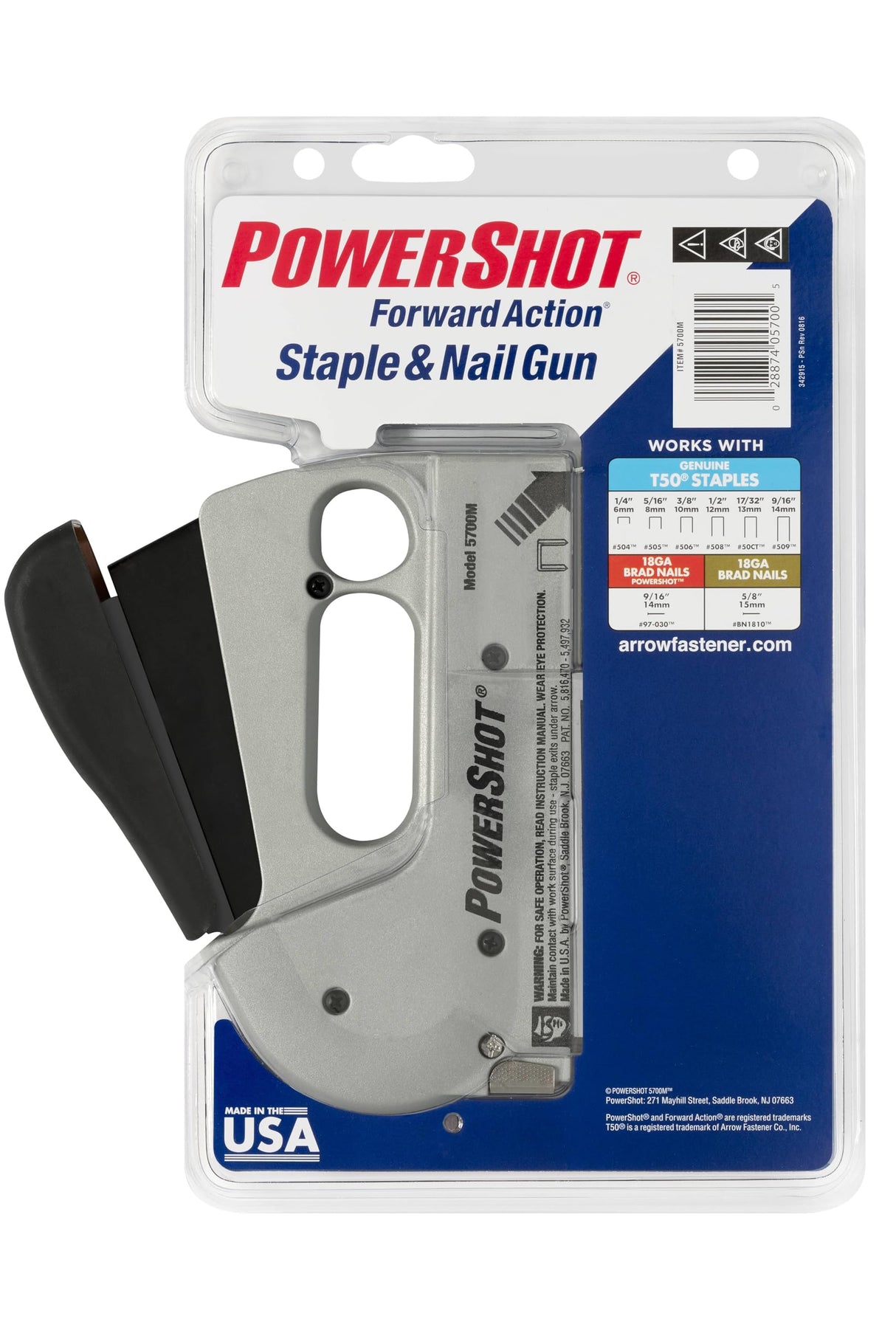 Arrow 5700 PowerShot Heavy Duty 2-In-1 Staple and Nail Gun for Wood, Upholstery, Furniture, Crafts, Fits 1/4", 5/16”, 3/8", 1/2", or 9/16" Staples and 5/8” or 9/16” Brad Nails