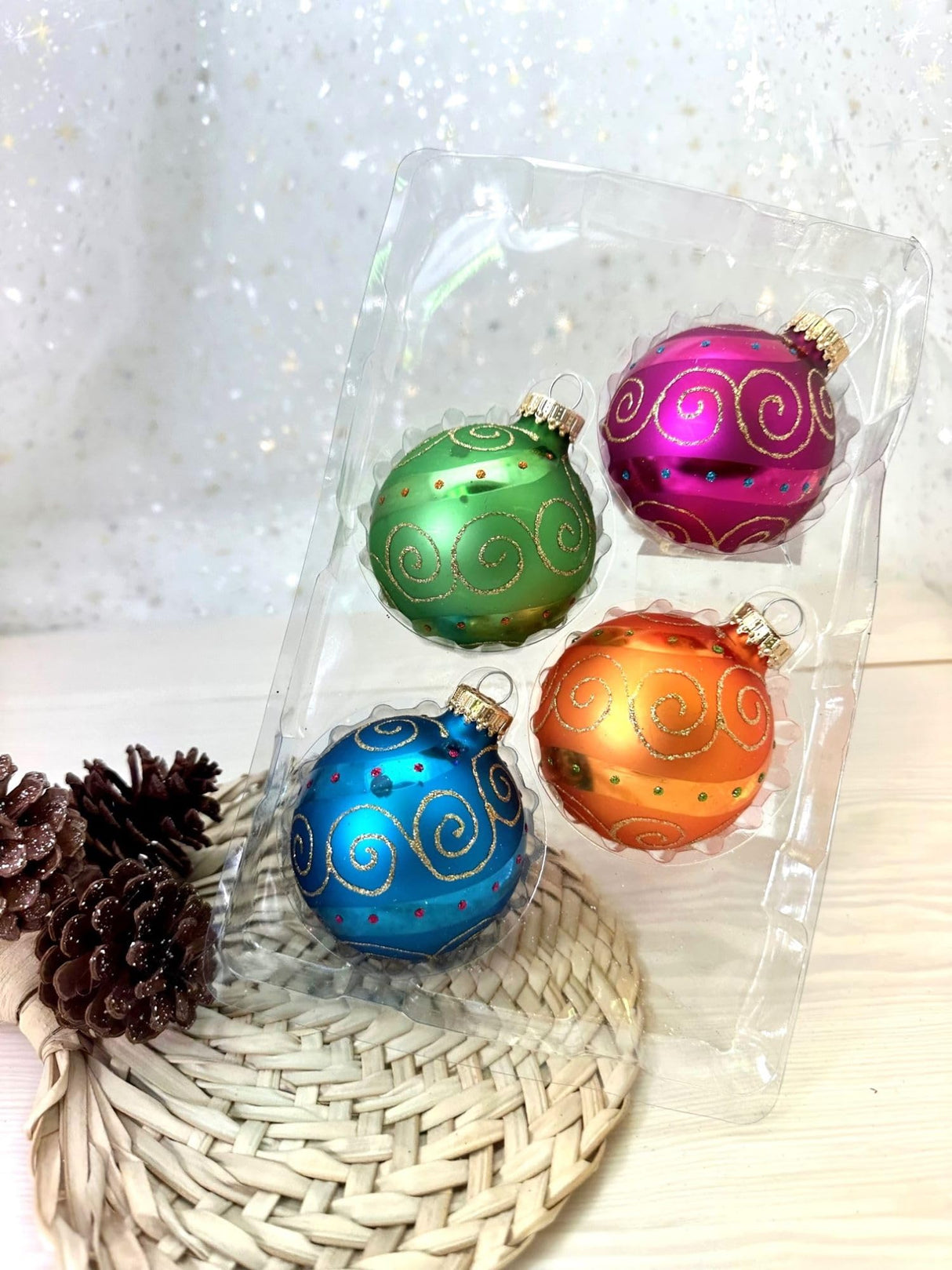 Glass Christmas Tree Ornaments - 67mm/2.625" [4 Pieces] Decorated Balls from Christmas by Krebs Seamless Hanging Holiday Decor (Frost with Blue & Silver Bethlehem Scene)