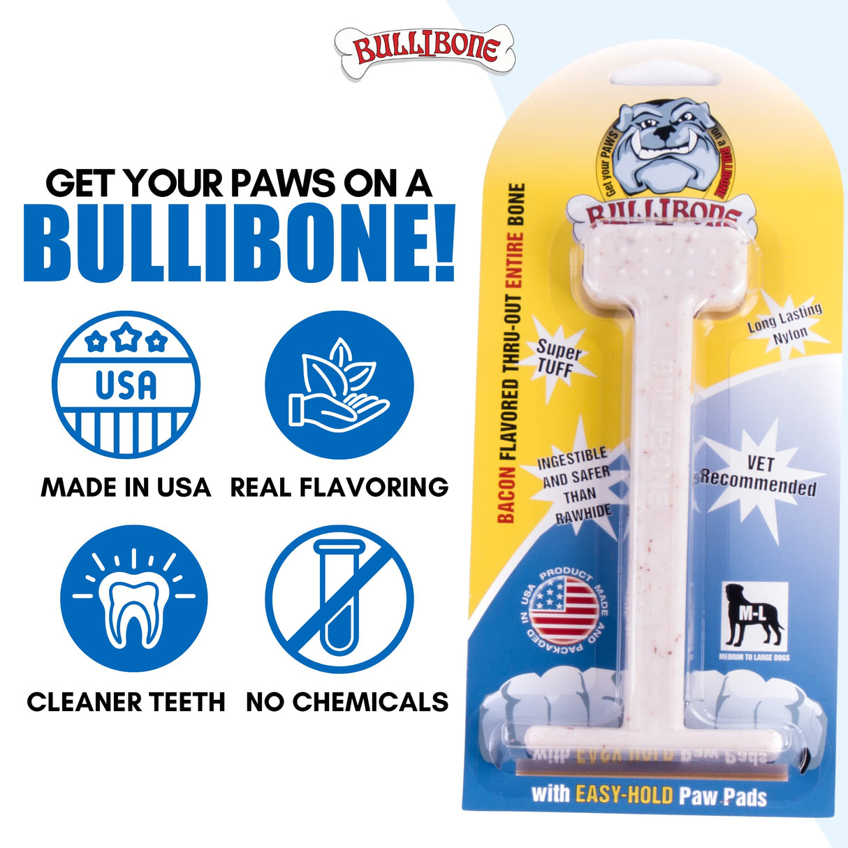 Bullibone Nylon Dog Chew Toy Nylon Bone - Improves Dental Hygiene, Easy to Grip Bottom, and Permeated with Flavor (Bacon, Large - 2 Pack)