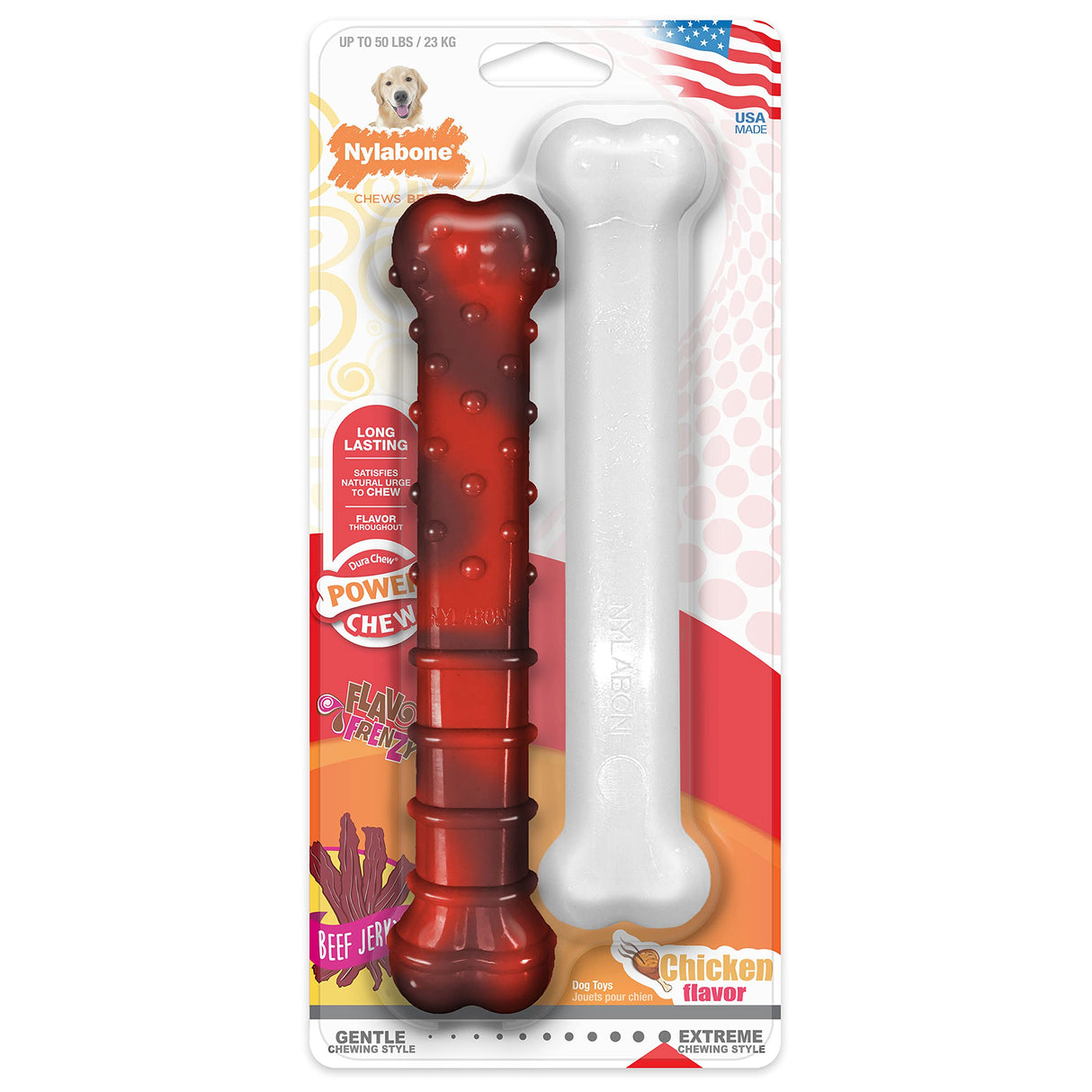 Nylabone Power Chew Classic Bone Chew Toy for Dogs, Durable Dog Toys for Aggressive Chewers, Bacon & Chicken Flavor, Medium/Wolf (2 Count)