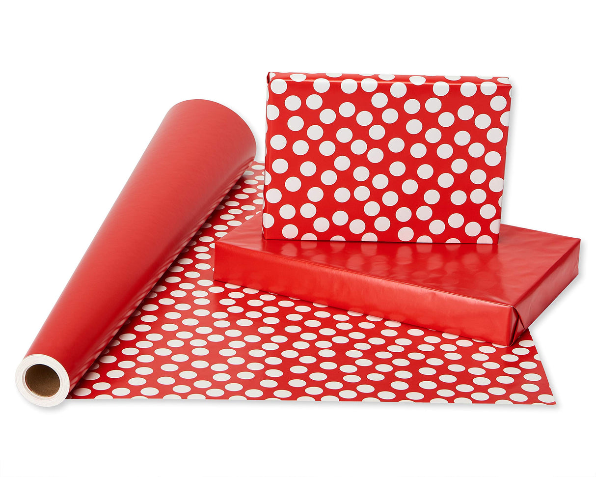 American Greetings 175 sq. ft. Reversible Red Wrapping Paper for Christmas and All Holidays, Red and White Polka Dots (1 Jumbo Roll 30 in. x 70 ft.)