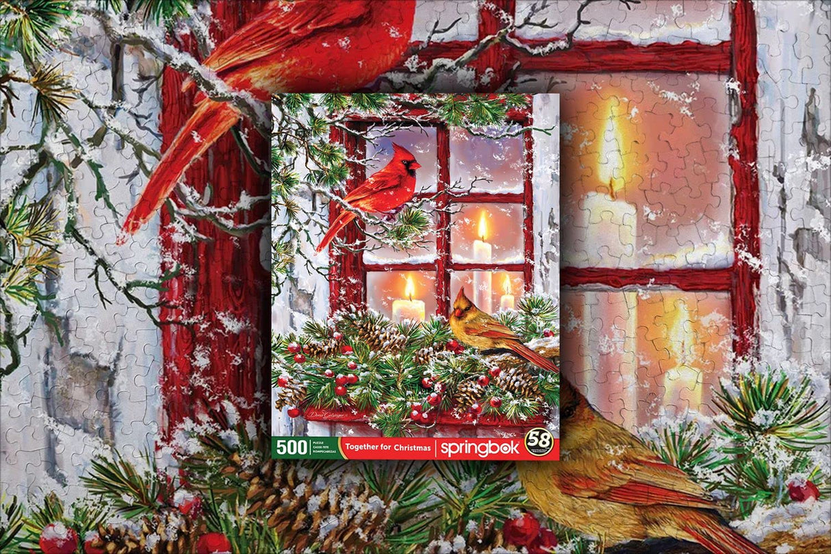Springbok 500 Piece Jigsaw Puzzle for Adults - Together for Christmas Features a Pair of Cardinals on a Snowy Winter's Holiday Outdoor Scene Precision-Cut Puzzle Pieces Made in The USA