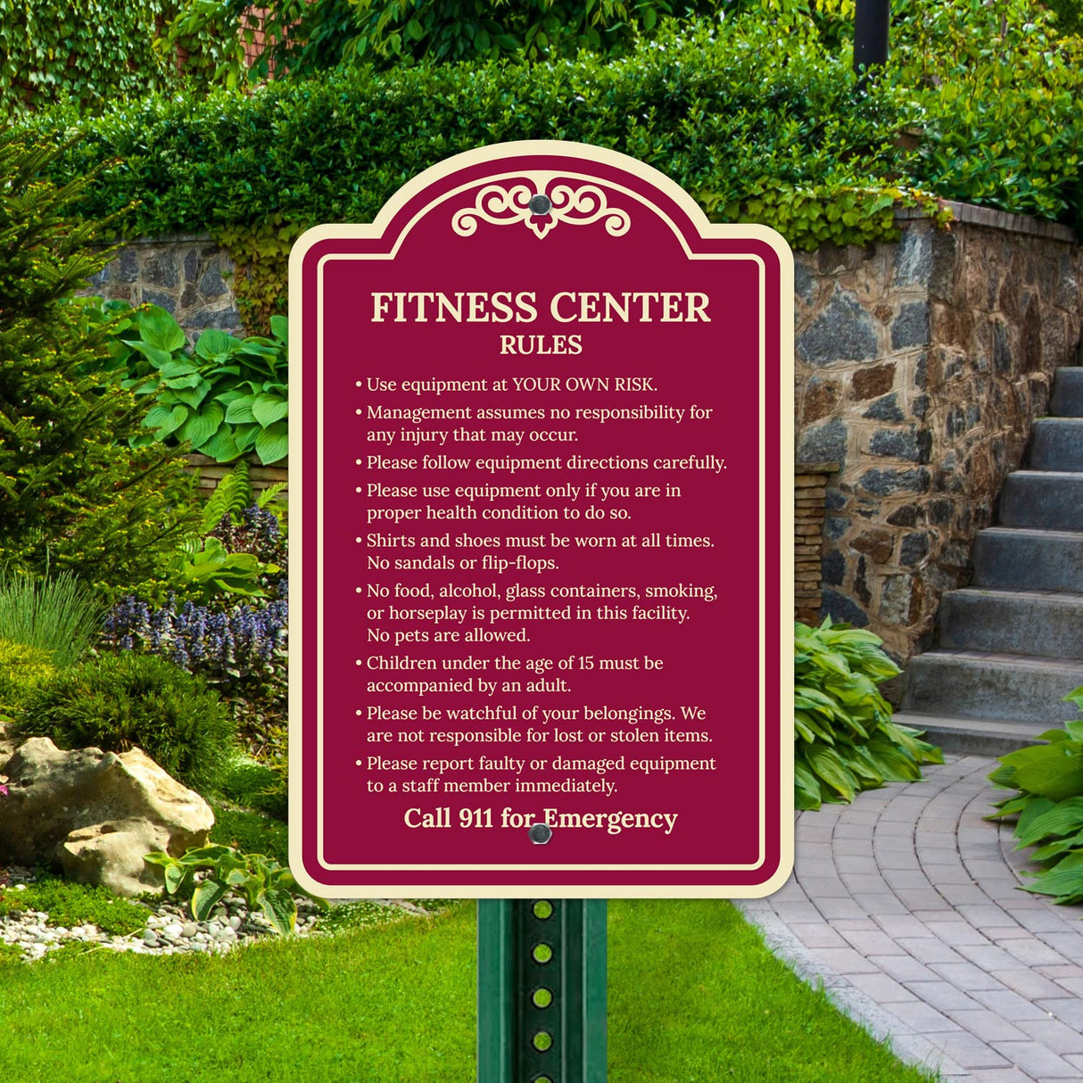 Sigo Signs, Fitness Center Rules Use Equipment at Your Own Risk Décor Sign, Green Light, 12x18 Inches, ACM, Fade Resistant, Made in USA