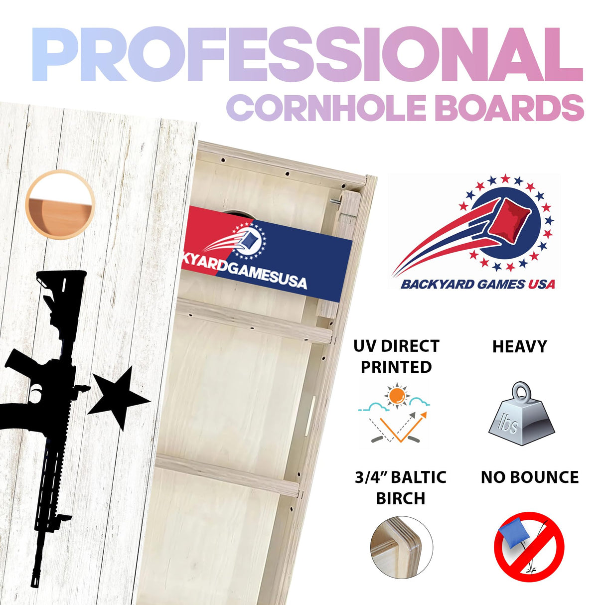 BackYardGamesUSA Pro Cornhole Boards Set | Made in USA | 3/4 Baltic Birch | No Bounce | Triple Thick Legs | Two Brace & Handles, Tournament 2x4 Regulation Set with Score Tower & Cornhole Bags