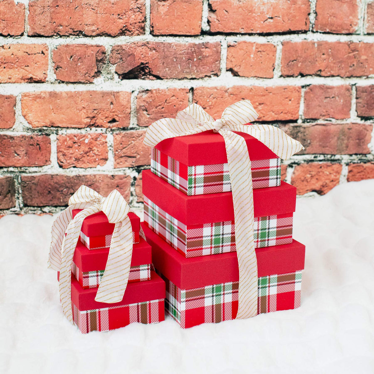 Made in USA Recycled Paper Kraft Boxes – 3.25”, 4.25” & 5.25” – Nested Squared Boxes with Lids (Small Set of 3 - Christmas Plaid)