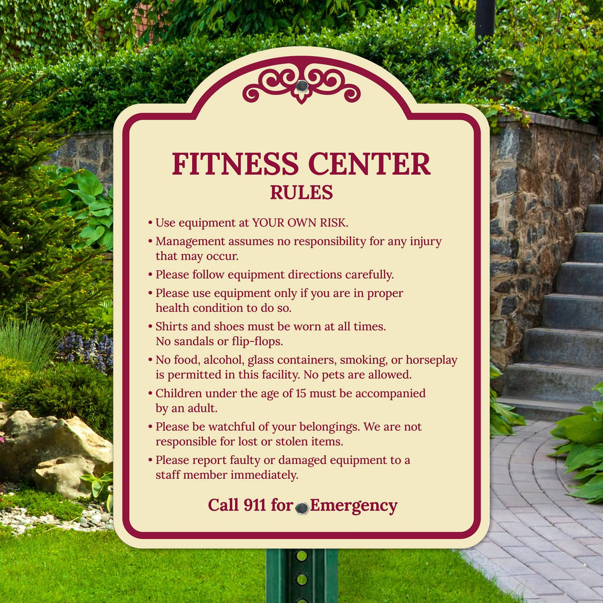 Sigo Signs, Fitness Center Rules Use Equipment at Your Own Risk Décor Sign, Green Light, 12x18 Inches, ACM, Fade Resistant, Made in USA