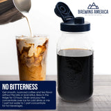 Brewing America Mason Jar Cold Brew Coffee Maker Infuser: Made in USA Wide Mouth Mason Jar with Screw Top Pour and Drinking Lid, Stainless Steel Filter - Coffee, Tea, Alcohol - 2 Quart 64 oz Blue Lid