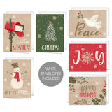 Painted Kraft Style Holiday Cards / 24 Modern Christmas Note Cards With White Envelopes / 4 5/8" x 6 1/4" Illustrated Faux Kraft Greeting Cards / 6 Cheery Winter Designs/Made In The USA