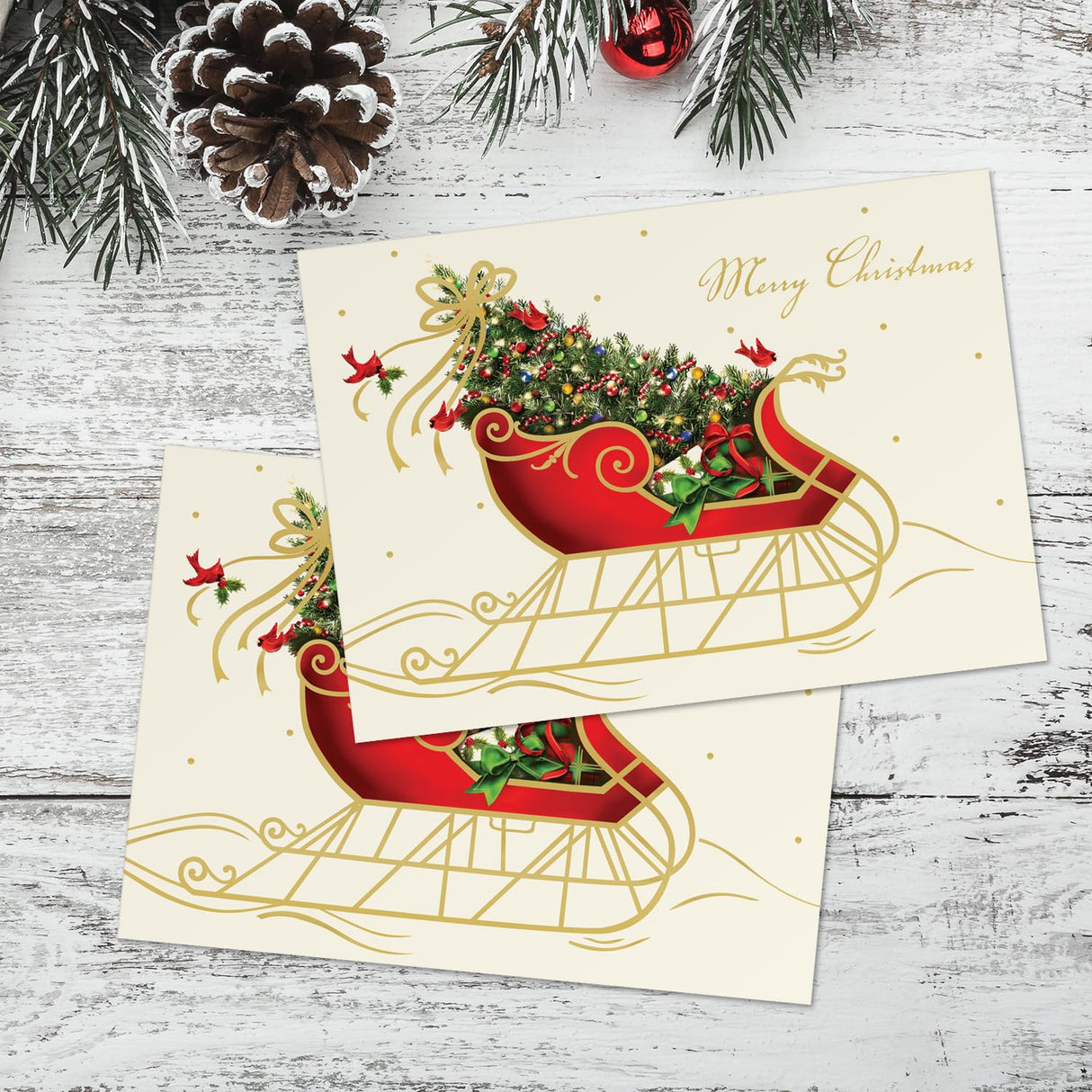 Masterpiece Sparkling Santa Christmas Cards / 16 Festive Holiday Cards Set With White Envelopes / 5 5/8" x 7 7/8" Winter Gold Foil Greeting Cards With Inside Verse/Made In The USA
