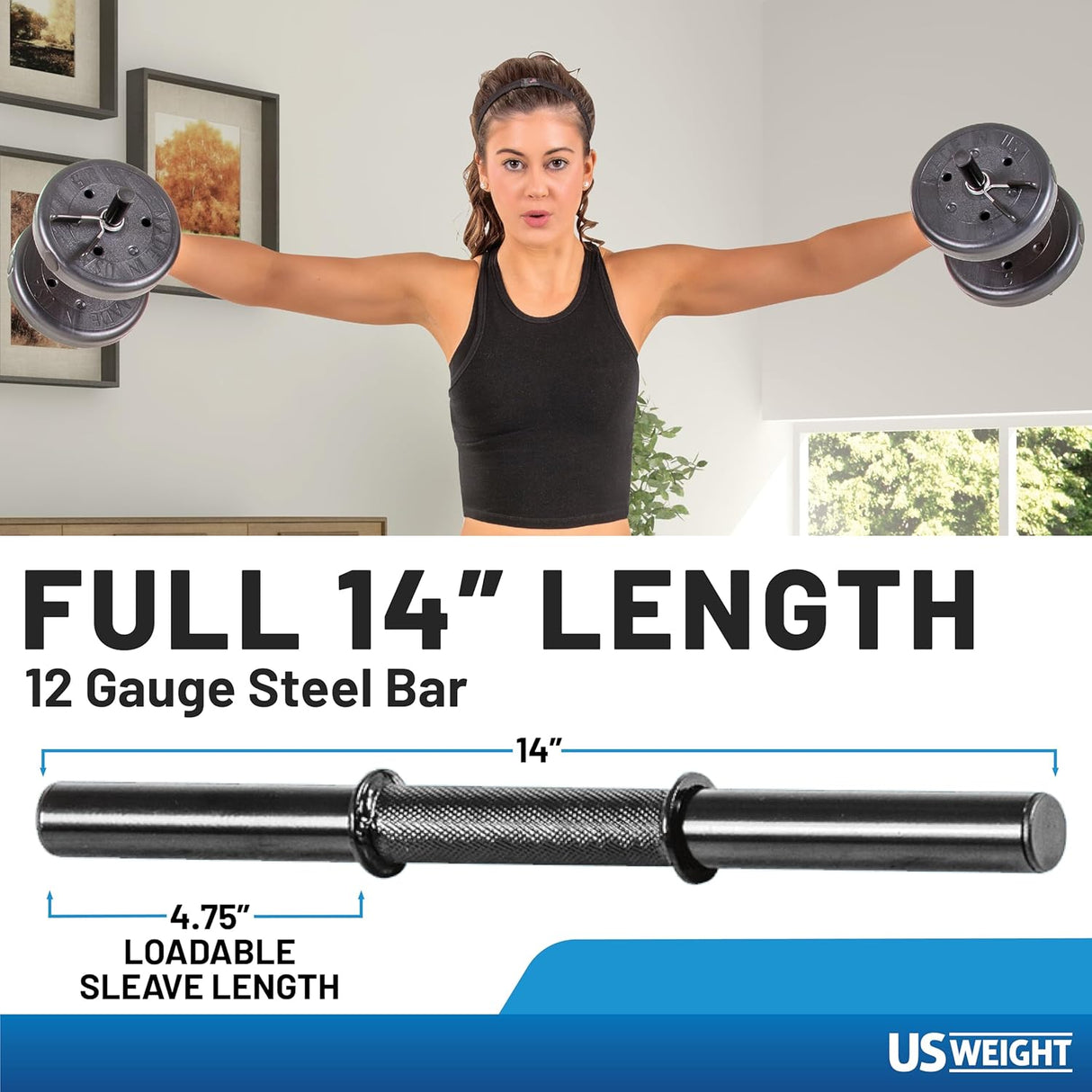 US Weight Adjustable 42LB Dumbbell Set with Spring Clips, 14" Knurled Bars – Made in USA, Essential Home Gym Equipment for Strength Training