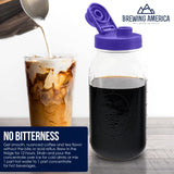 Brewing America Mason Jar Cold Brew Coffee Maker Infuser: Made in USA Wide Mouth Mason Jar with Screw Top Pour and Drinking Lid, Stainless Steel Filter - Coffee, Tea, Alcohol - 2 Quart 64 oz Blue Lid