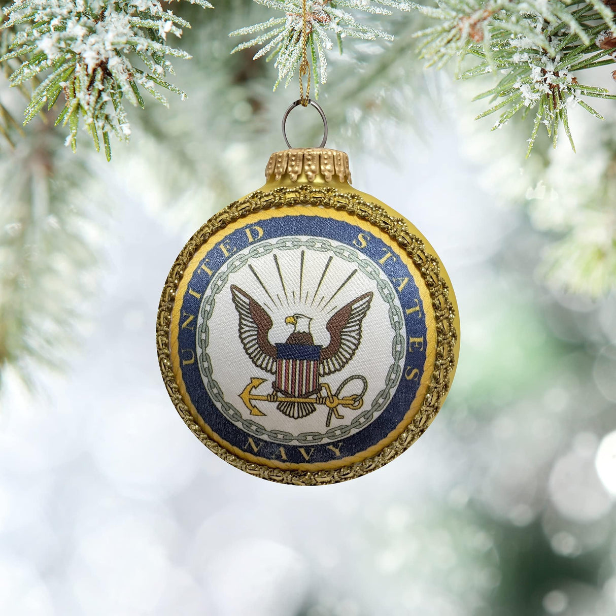 Christmas Tree Ornaments Made in The USA - 80mm / 3.25" Decorated Collectible Glass Balls from Christmas by Krebs - Handmade Hanging Holiday Decorations for Trees (Navy Emblem and Hymn, Silk)