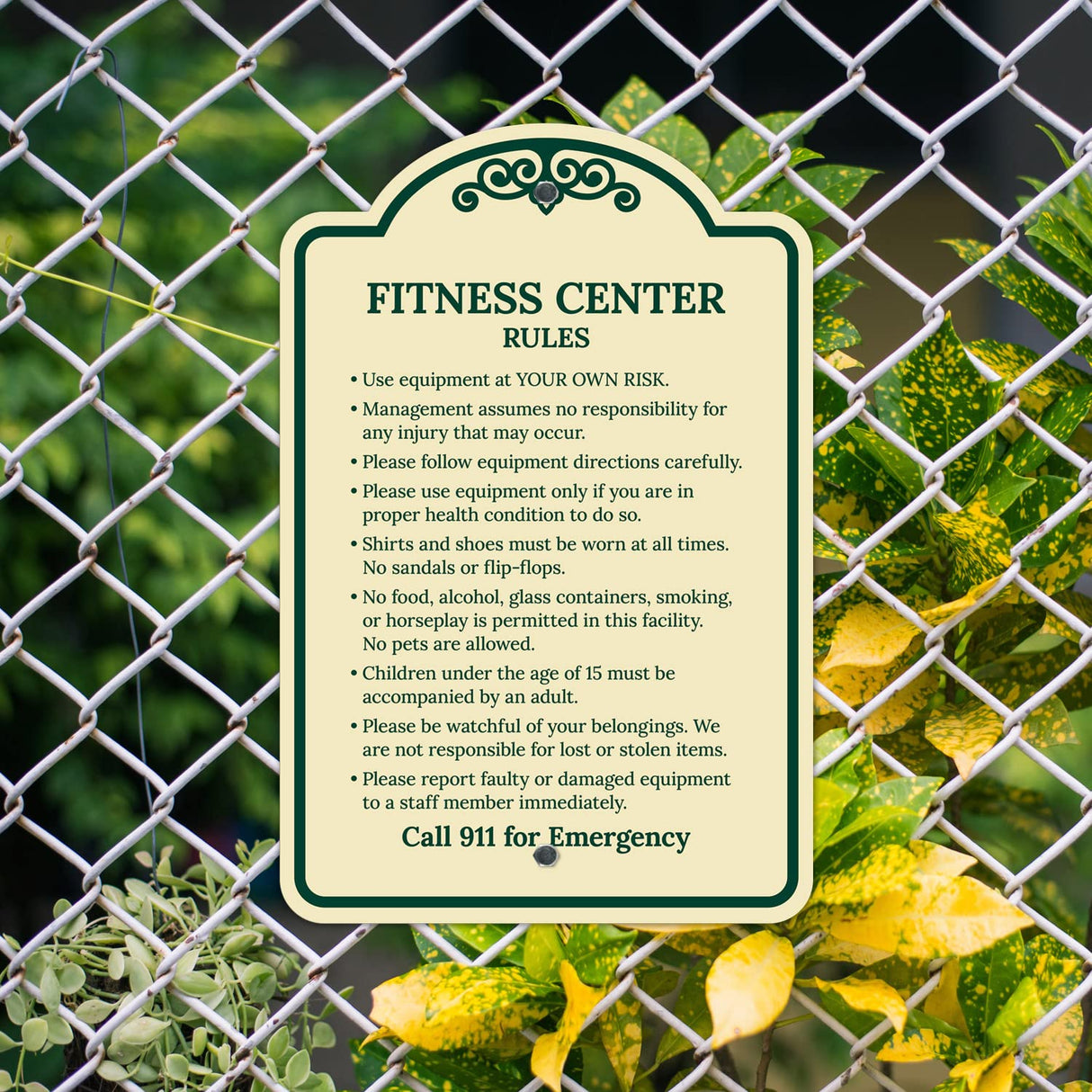 Sigo Signs, Fitness Center Rules Use Equipment at Your Own Risk Décor Sign, Green Light, 12x18 Inches, ACM, Fade Resistant, Made in USA