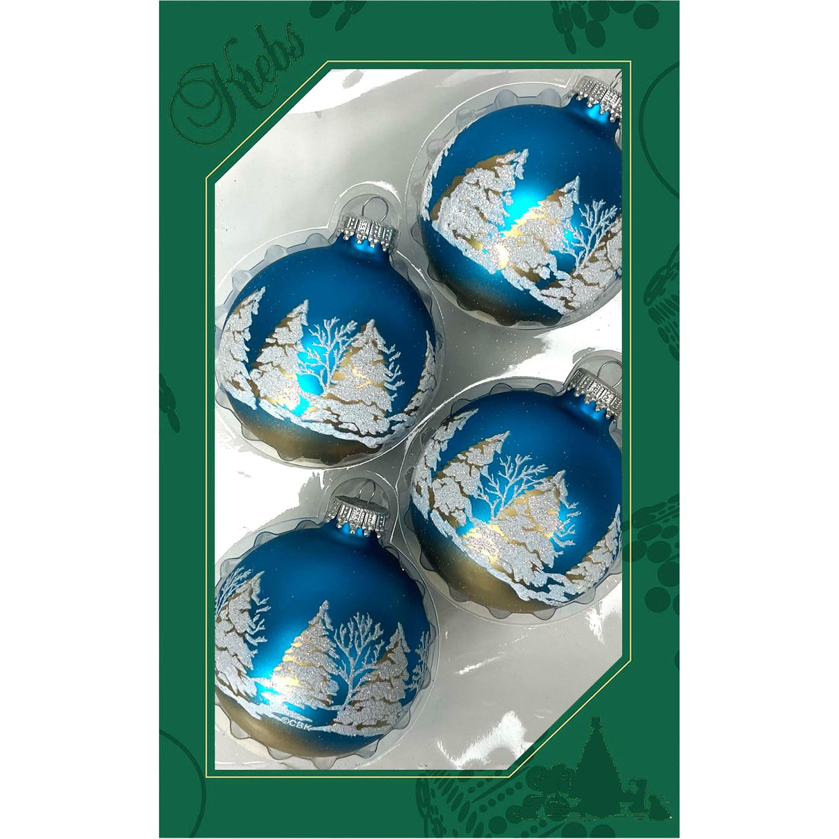 Glass Christmas Tree Ornaments - 67mm/2.625" [4 Pieces] Decorated Balls from Christmas by Krebs Seamless Hanging Holiday Decor (Frost with Blue & Silver Bethlehem Scene)