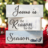 Jesus is the Reason for the Season Mini Wood Block Set - 3pc Christmas Decor, Religious Holiday Decorations, Tiered Tray & Shelf Display, Made in USA