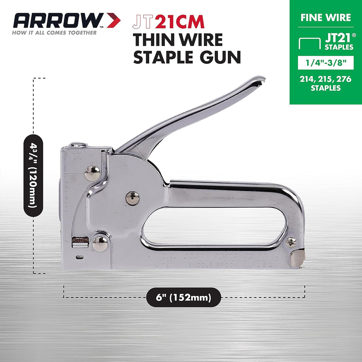 Arrow JT21CM Professional Light Duty Staple Gun for Upholstery, Crafts, Office, Fits 1/4", 5/16”, or 3/8" Staples