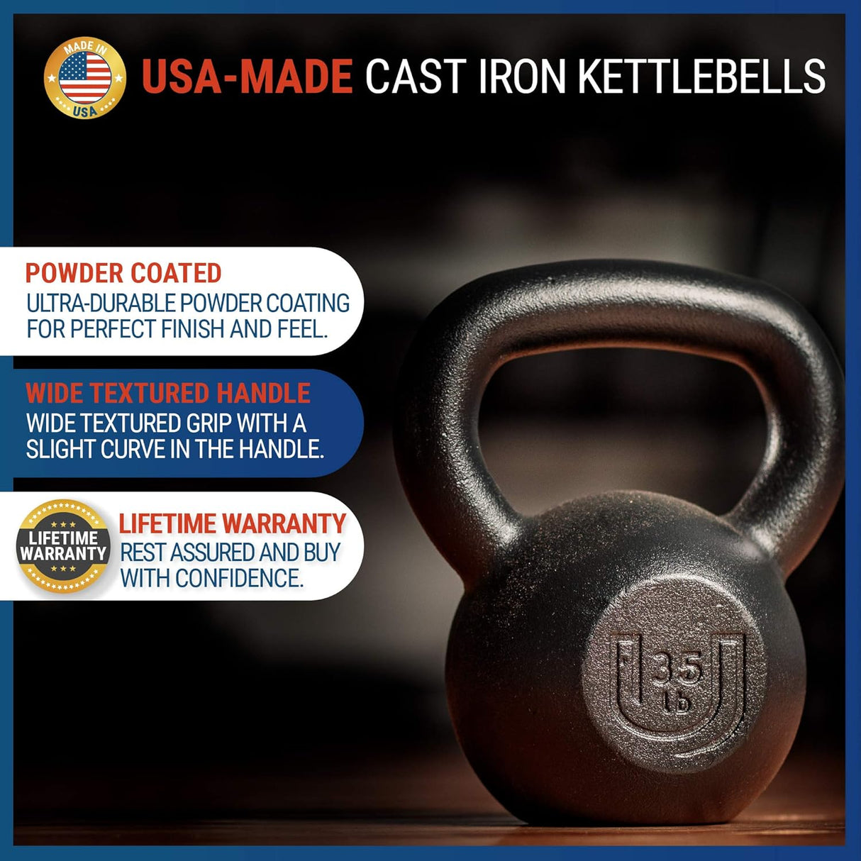 USA Made Premium Kettlebell (50). Kettlebells For Men and Women with Wide Grip Handle – – Kettle bell Core Fitness, Home Gym, Strength Training, Fitness Equipment, Muscle Building