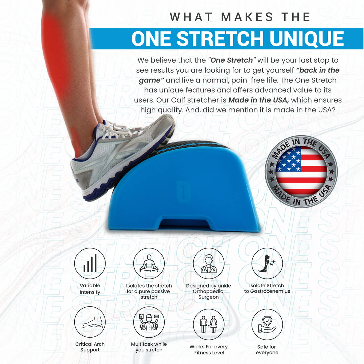 Multitask hands free while you stretch your calves for plantar fasciitis, foot pain, Achilles tendinitis, and more. Made in the USA. (Blue)