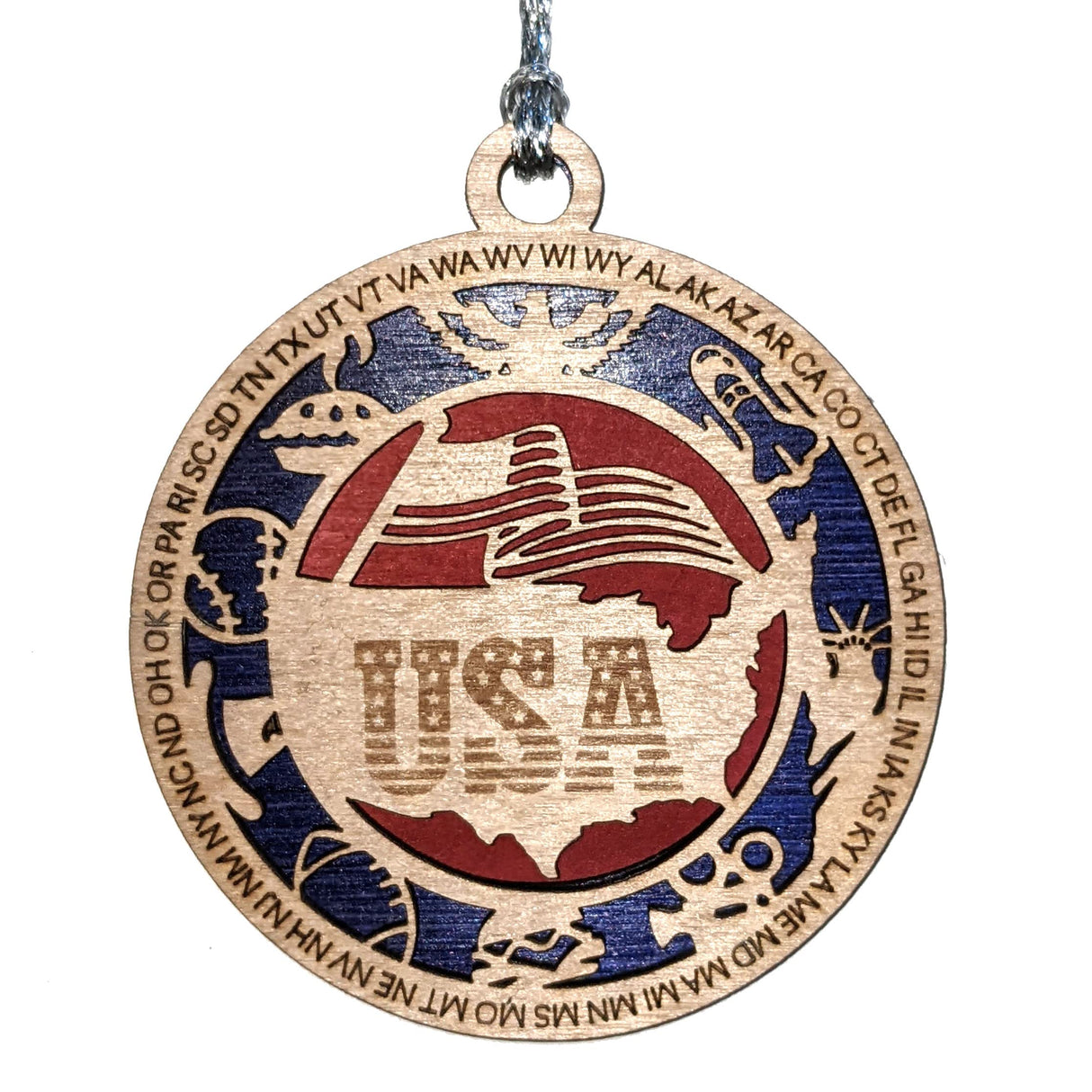 Patriotic USA Christmas Ornament - Handmade Wooden Laser Cut American Symbol Decor, 3" Round, 2 Layer, Made in Oregon