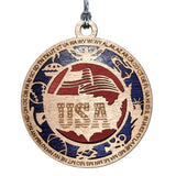 Patriotic USA Christmas Ornament - Handmade Wooden Laser Cut American Symbol Decor, 3" Round, 2 Layer, Made in Oregon