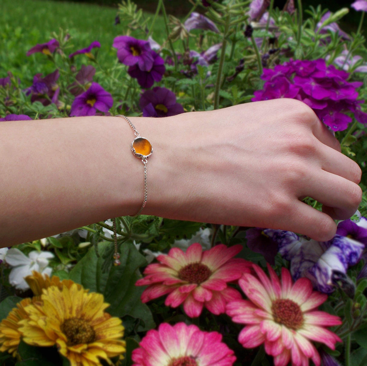 Bottled Up Designs Handmade Vintage Botanical Series Adjustable Slider Bracelet, Recycled Glass, Sterling Silver, Eco Friendly, Made in USA, Birthday Gifts, Mothers Day, Women (Mason Jar (Aqua))