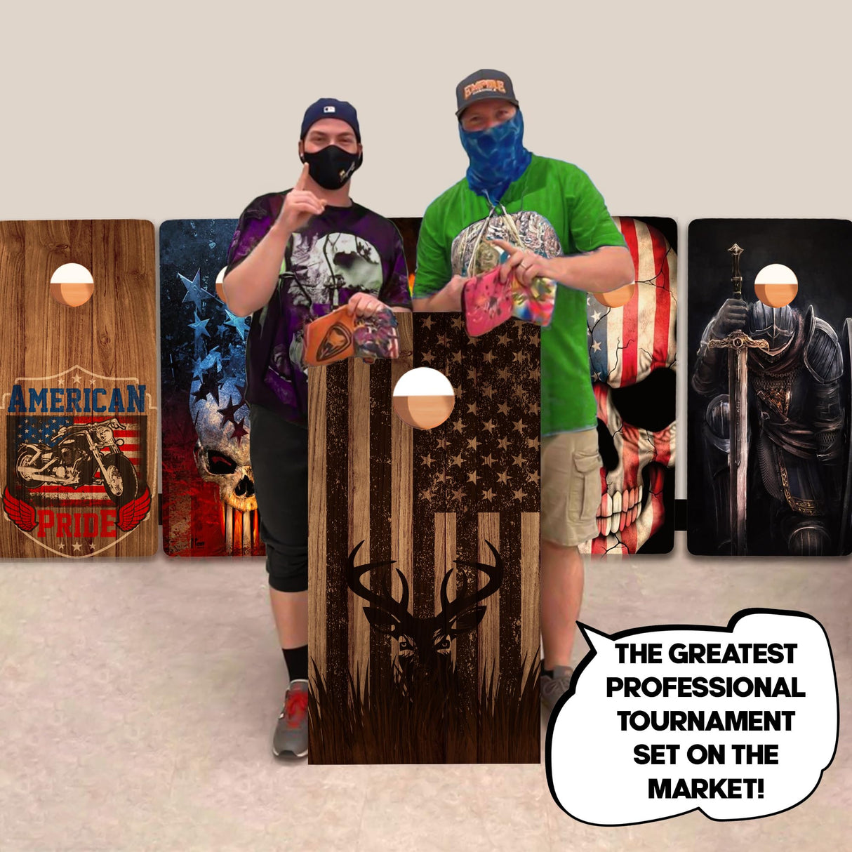 BackYardGamesUSA Pro Cornhole Boards Set | Made in USA | 3/4 Baltic Birch | No Bounce | Triple Thick Legs | Two Brace & Handles, Tournament 2x4 Regulation Set with Score Tower & Cornhole Bags