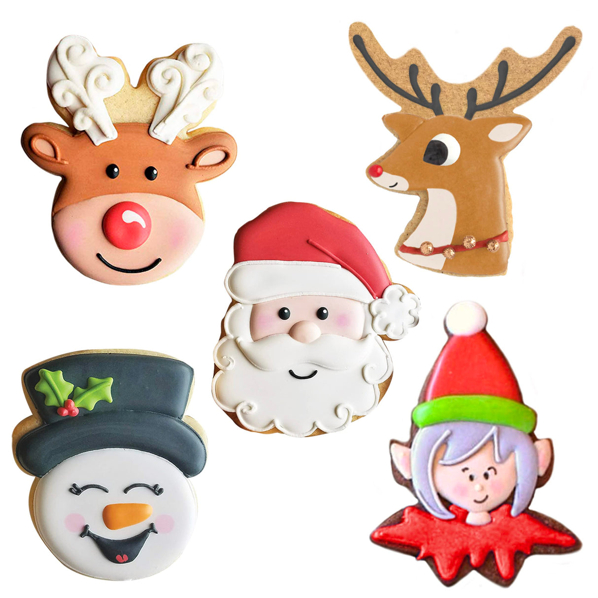 Faces of Christmas Cookie Cutters 5-Pc. Set Made in the USA by Ann Clark, Santa Face, Reindeer Faces, Snowman Face, Elf Face