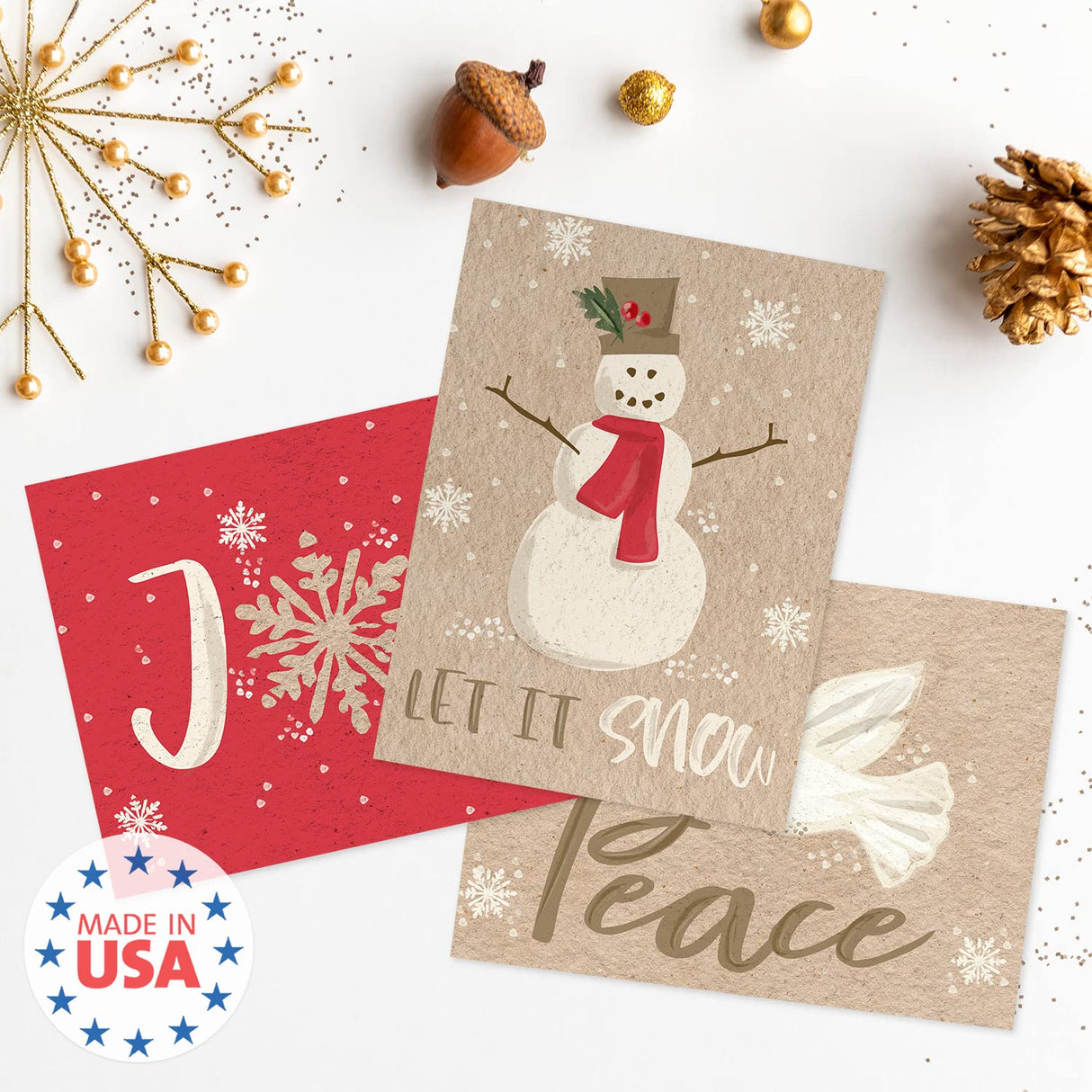 Painted Kraft Style Holiday Cards / 24 Modern Christmas Note Cards With White Envelopes / 4 5/8" x 6 1/4" Illustrated Faux Kraft Greeting Cards / 6 Cheery Winter Designs/Made In The USA