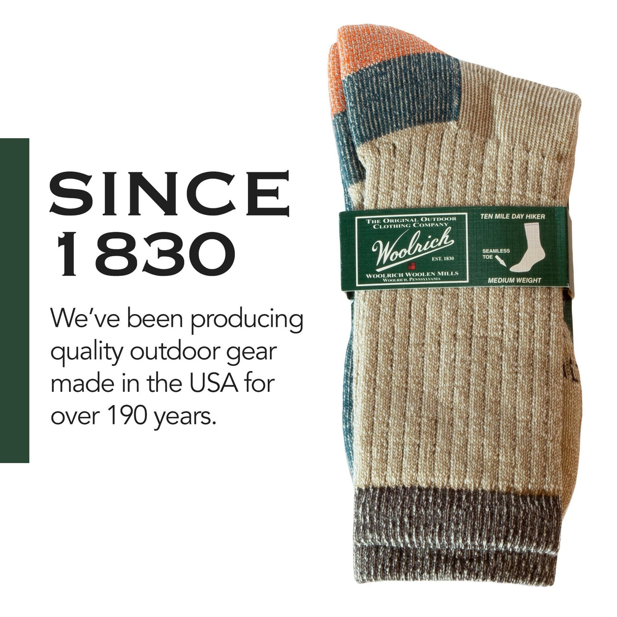 Woolrich Merino Wool Socks for Men - Made in USA, Crew Hiking Sock, Made of 78% Merino Lambswool w/Padded Arch, 2 Pairs