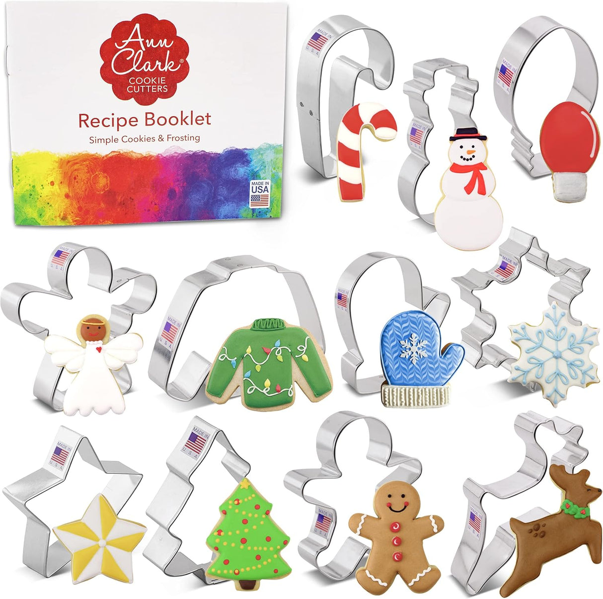 Christmas Cookie Cutters 11-Pc Set Made in USA by Ann Clark, Gingerbread Man, Christmas Tree, Candy Cane, Reindeer and more