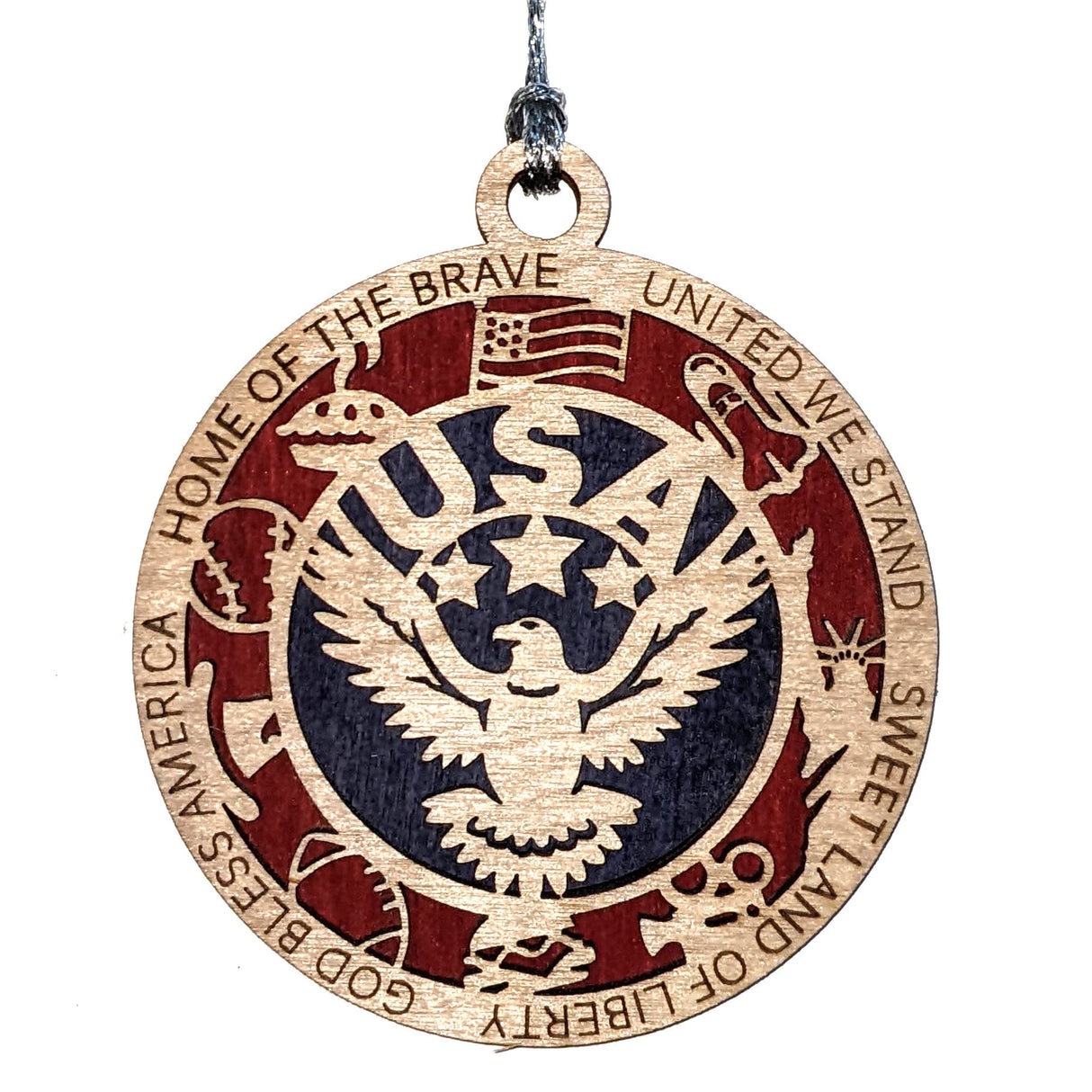 Patriotic USA Christmas Ornament - Handmade Wooden Laser Cut American Symbol Decor, 3" Round, 2 Layer, Made in Oregon