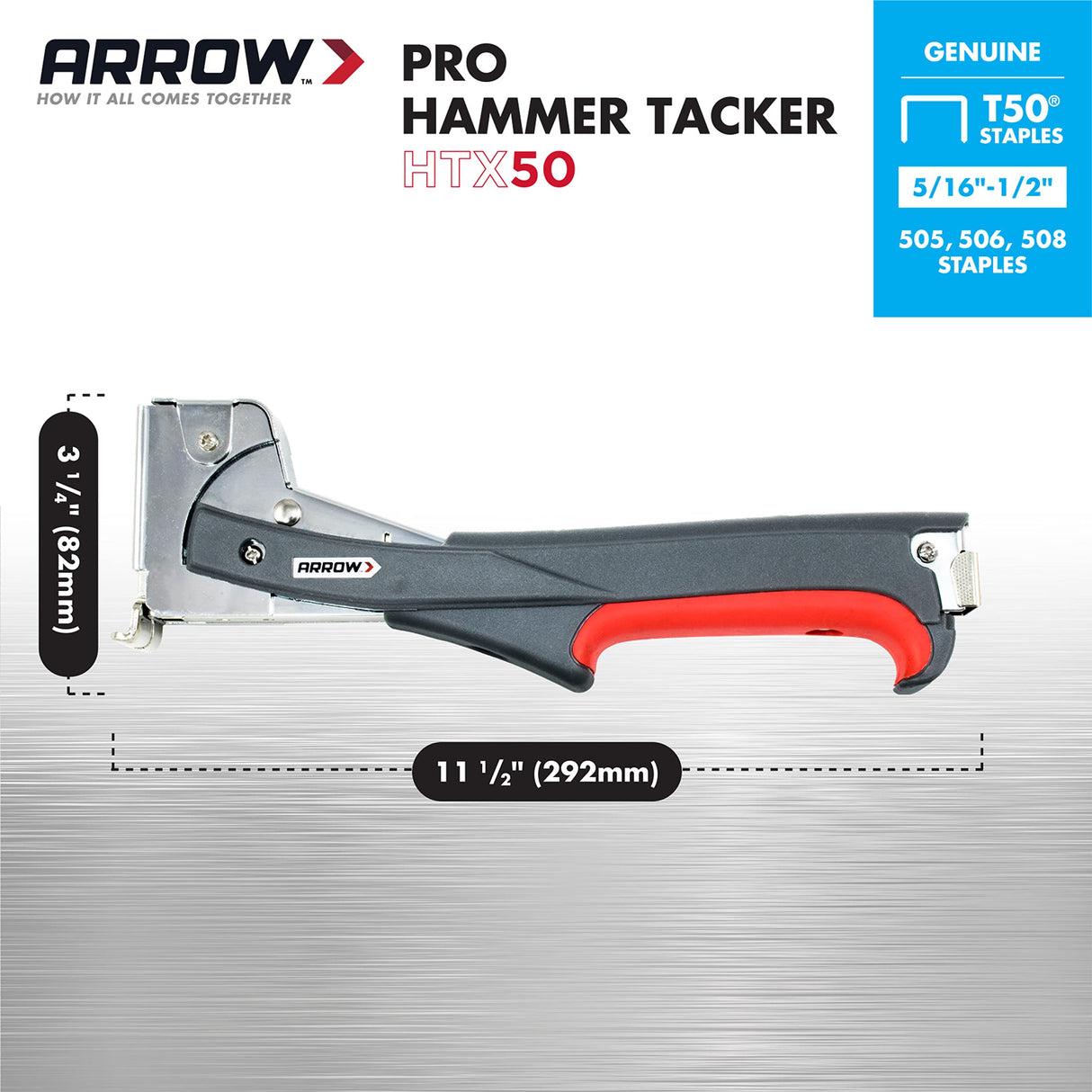 Arrow HTX50 Professional Heavy Duty Hammer Tacker, Manual Stapler for Construction and Insulation, Ergonomic Grip Handle, Dual-Capacity Rear-Load Magazine, Fits 5/16”, 3/8", or 1/2" Staples , Grey