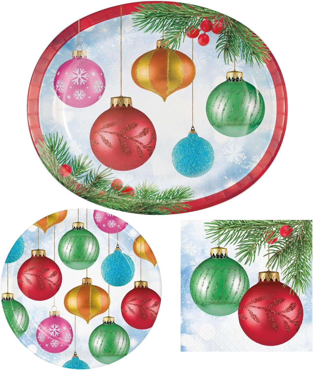 Christmas Party Supplies for 8 | Bright Ornaments Design | Festive Plates & Napkins | Made in USA