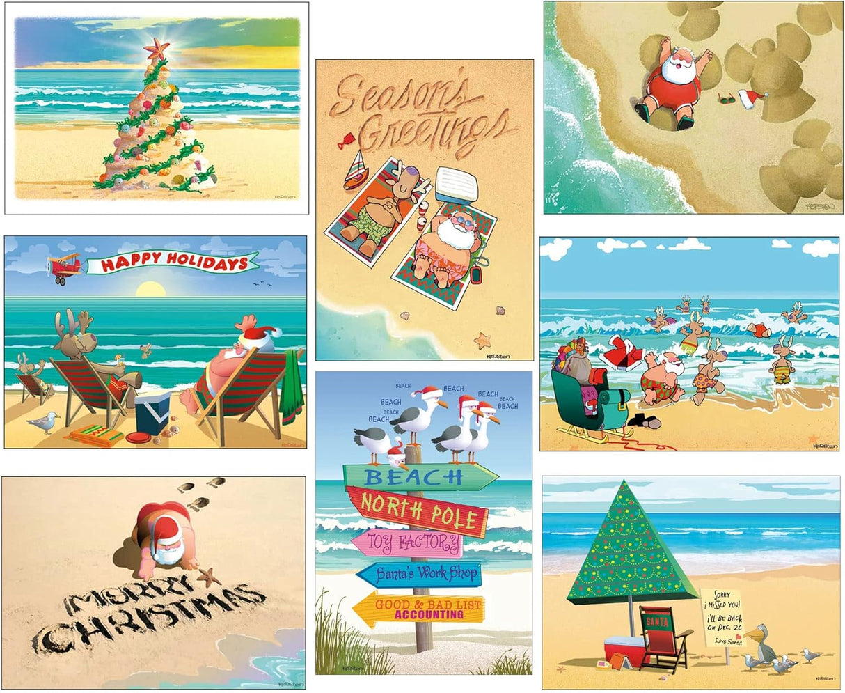 Stonehouse Collection Beach Christmas Card Variety Pack - 24 Beachy Cards & Envelopes - 8 Designs, 3 Cards Per Design - Assortment #1