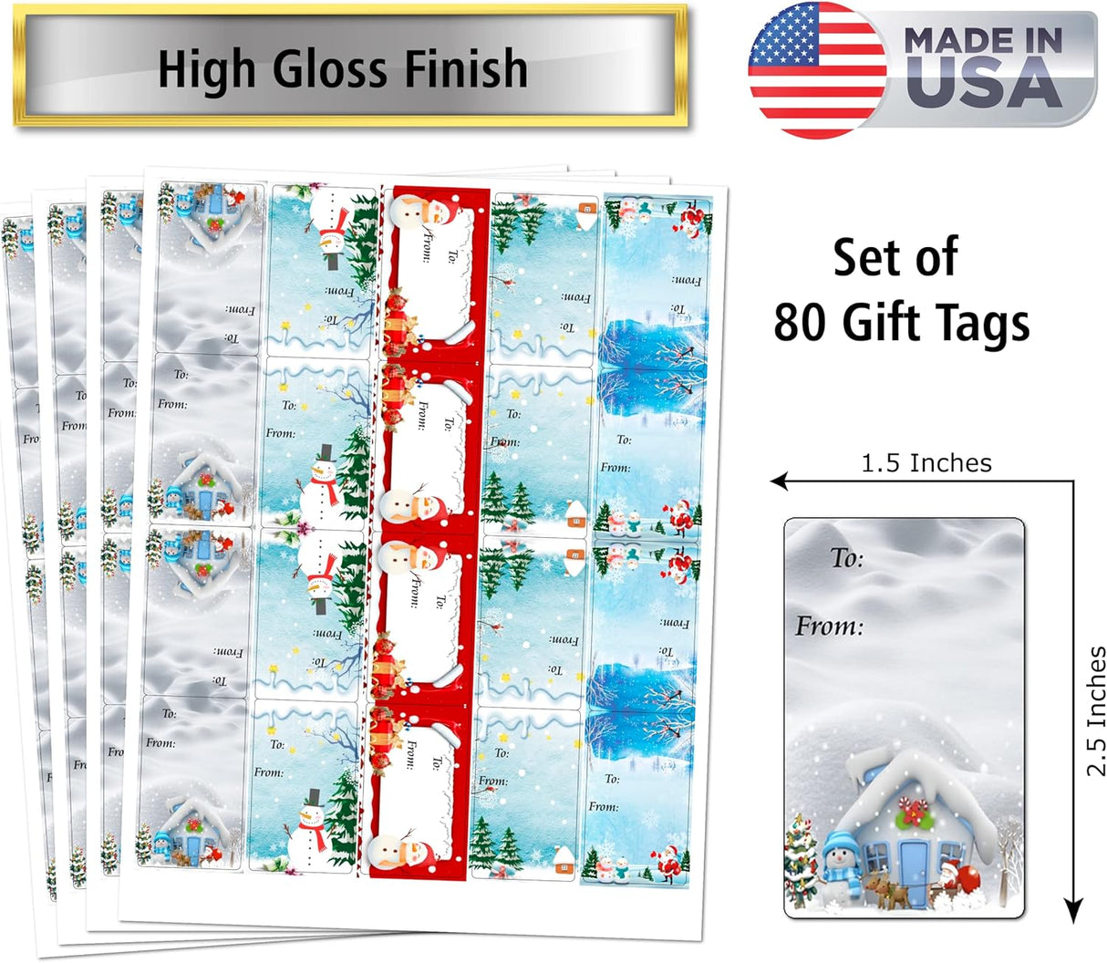 Christmas Snow Gift Tags, Self Adhesive Glossy Stickers, Xmas Present Labels. Set of 80 Labels. to and from Labels. Merry Christmas Made in USA