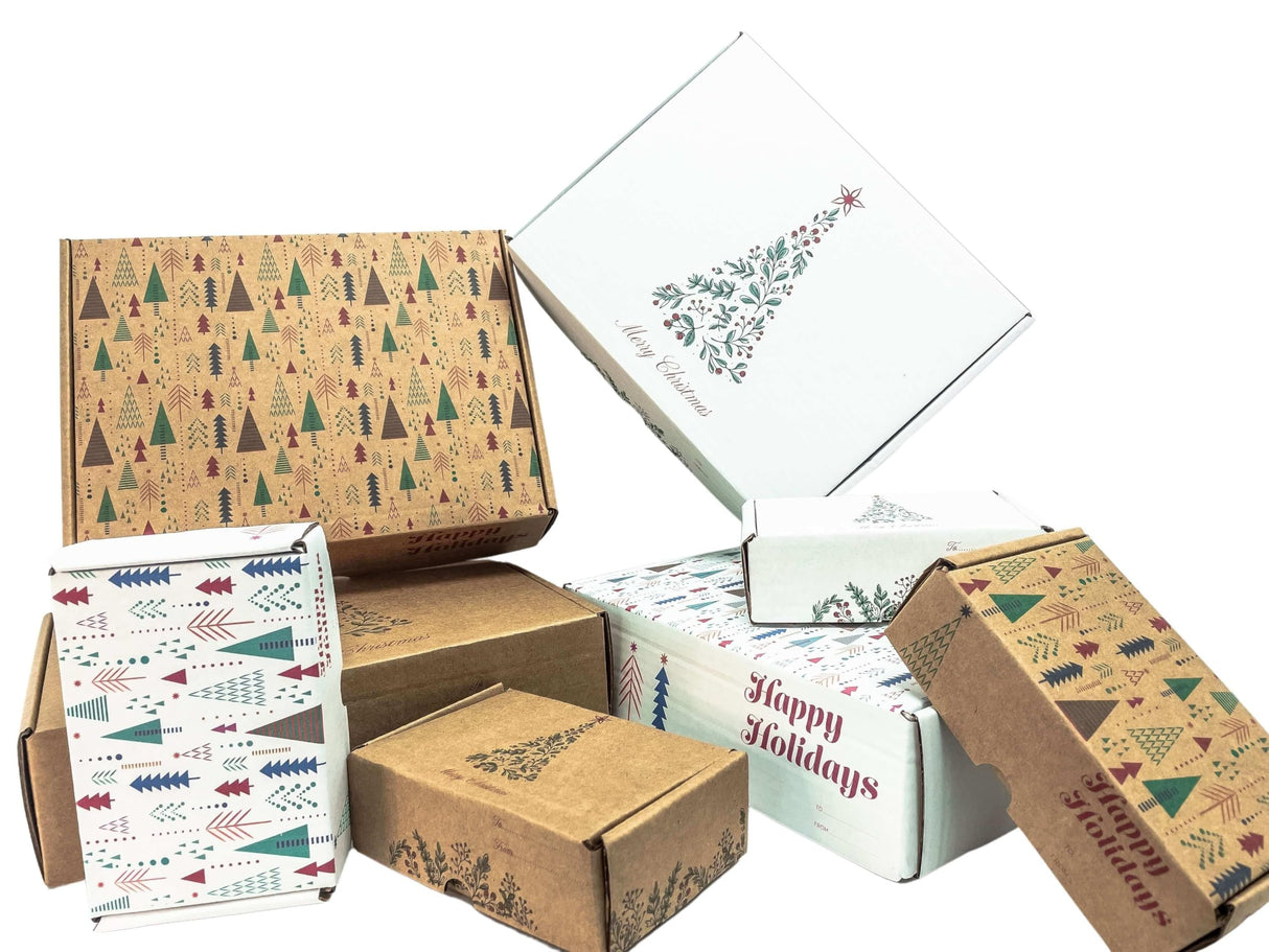 Christmas Mailer Boxes 9 x 7 x 4" - 50 Pack Abstract Xmas Printed Holiday Shipping Box - Holiday Shipping Box Made In USA Christmas Small Business Supplies