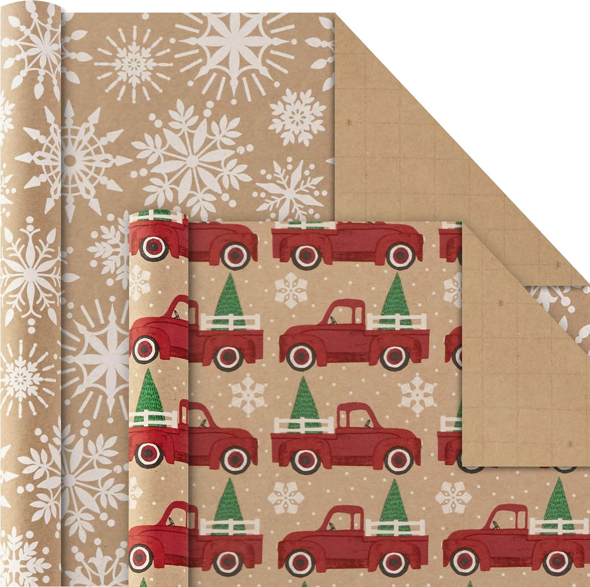 Hallmark Christmas Wrapping Paper Bundle with Cut Lines on Reverse, Kraft (Pack of 4, 88 sq. ft. ttl) Red Trucks, Snowflakes, Stripes, Merry Christmas (5JXW1038)