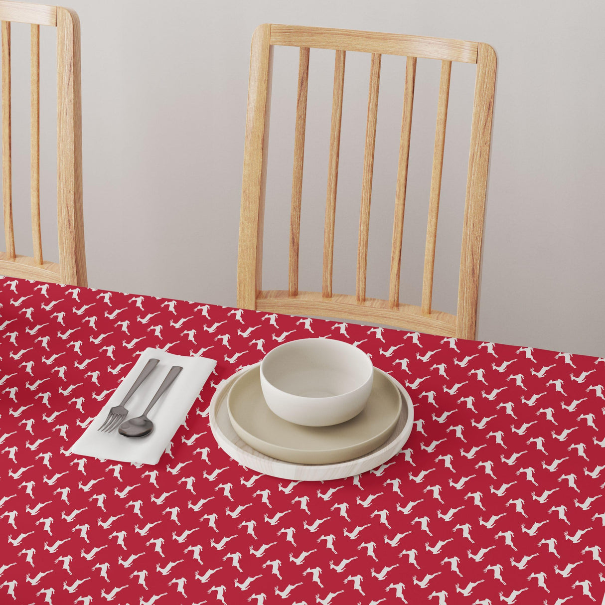 Fabric Textile Products Round Tablecloth, 100% Milliken Polyester, Machine Washable, 90" Round, Red Christmas Reindeer