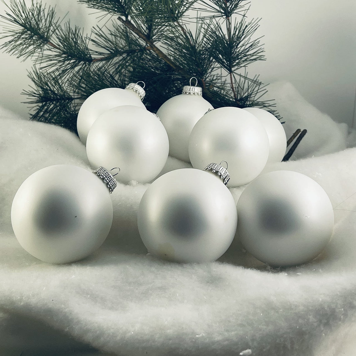 Glass Christmas Tree Ornaments - 67mm / 2.63" [8 Pieces] Designer Balls from Christmas By Krebs Seamless Hanging Holiday Decor (Snow White with Silver Caps)