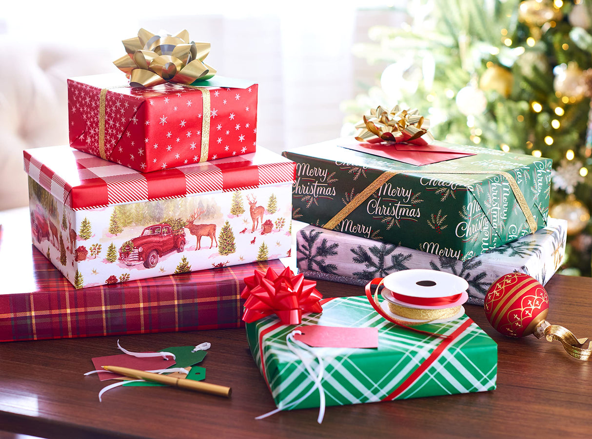 American Greetings 120 sq. ft. Christmas Wrapping Paper Set, Tan, Plaid, Snowman and Christmas Text (4 Rolls 30 in. x 12 ft., 7 Bows, 30 Gift Tags)