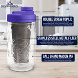Brewing America Mason Jar Cold Brew Coffee Maker Infuser: Made in USA Wide Mouth Mason Jar with Screw Top Pour and Drinking Lid, Stainless Steel Filter - Coffee, Tea, Alcohol - 2 Quart 64 oz Blue Lid