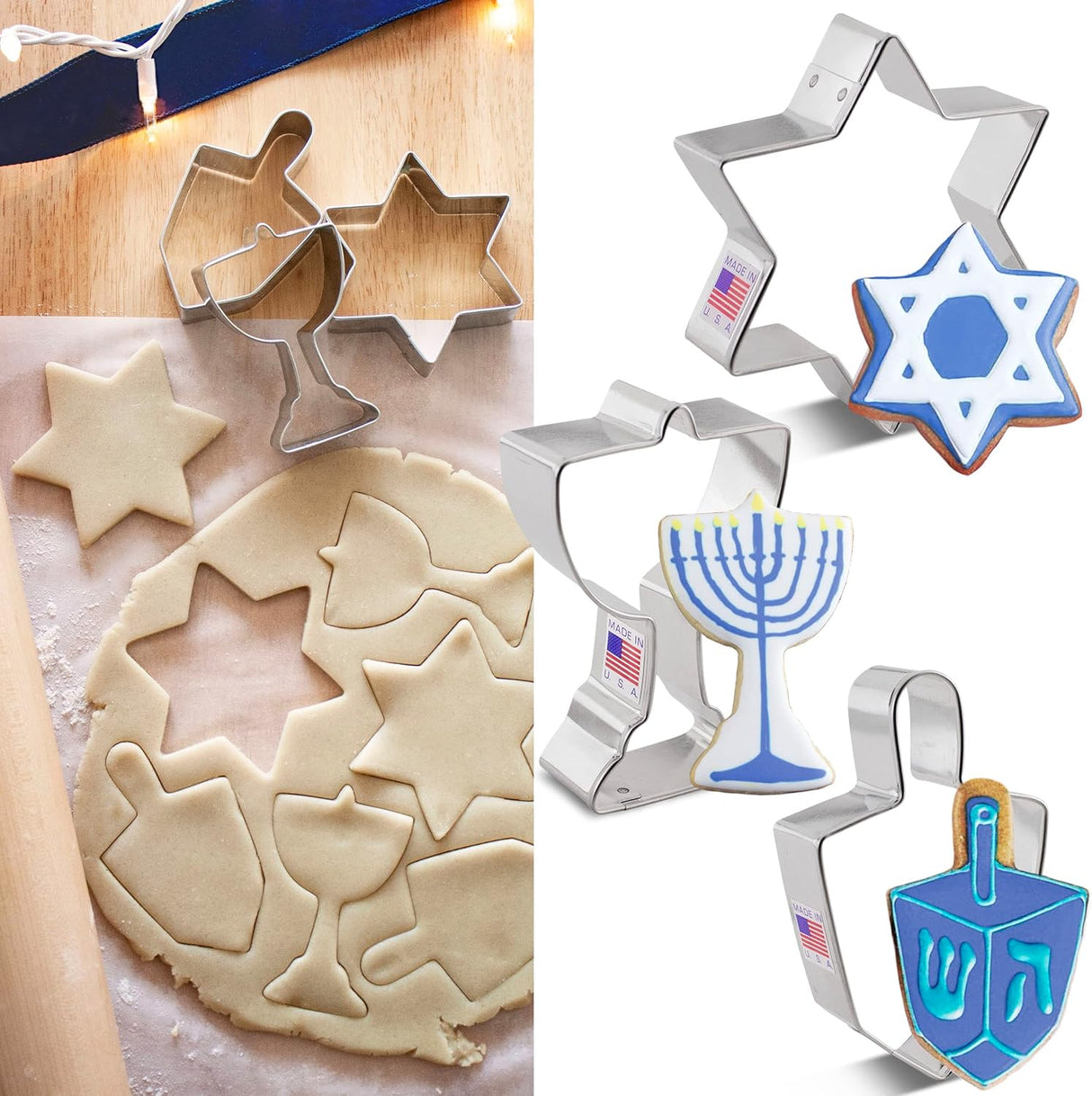 Hanukkah Cookie Cutters 3-Pc. Set Made in the USA by Ann Clark, Star of David, Dreidel and Menorah