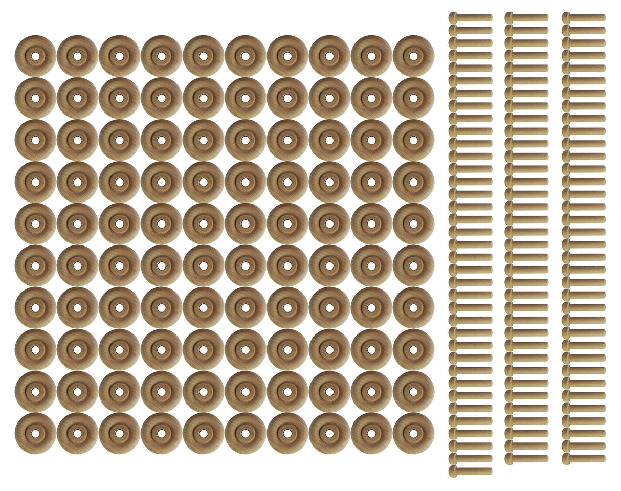 Wood Wheels - 100 Pack with Free Axle Pegs - Made in USA (1.25" Diameter)