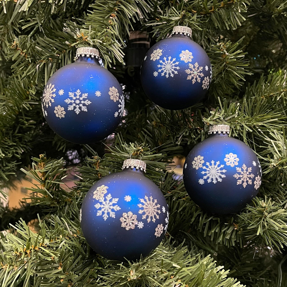 Glass Christmas Tree Ornaments - 67mm/2.625" [4 Pieces] Decorated Balls from Christmas by Krebs Seamless Hanging Holiday Decor (Frost with Blue & Silver Bethlehem Scene)