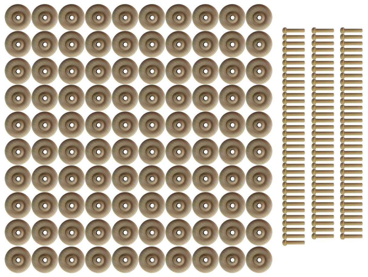 Wood Wheels - 100 Pack with Free Axle Pegs - Made in USA (1.25" Diameter)