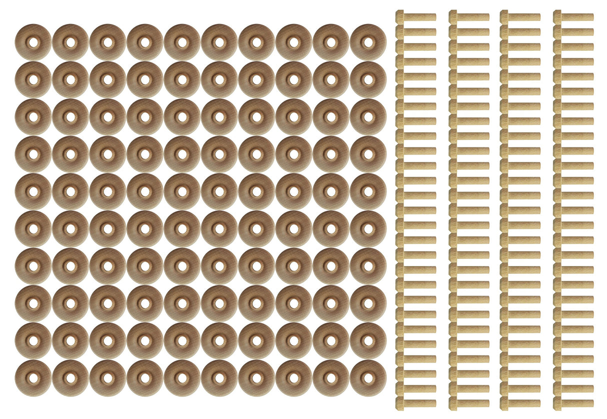 Wood Wheels - 100 Pack with Free Axle Pegs - Made in USA (1.25" Diameter)