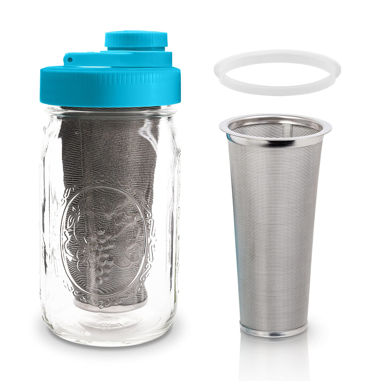 Brewing America Mason Jar Cold Brew Coffee Maker Infuser: Made in USA Wide Mouth Mason Jar with Screw Top Pour and Drinking Lid, Stainless Steel Filter - Coffee, Tea, Alcohol - 2 Quart 64 oz Blue Lid