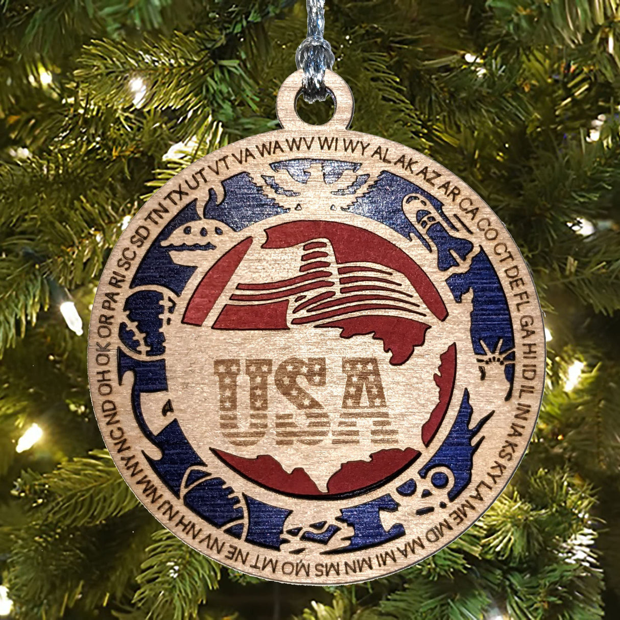 Patriotic USA Christmas Ornament - Handmade Wooden Laser Cut American Symbol Decor, 3" Round, 2 Layer, Made in Oregon