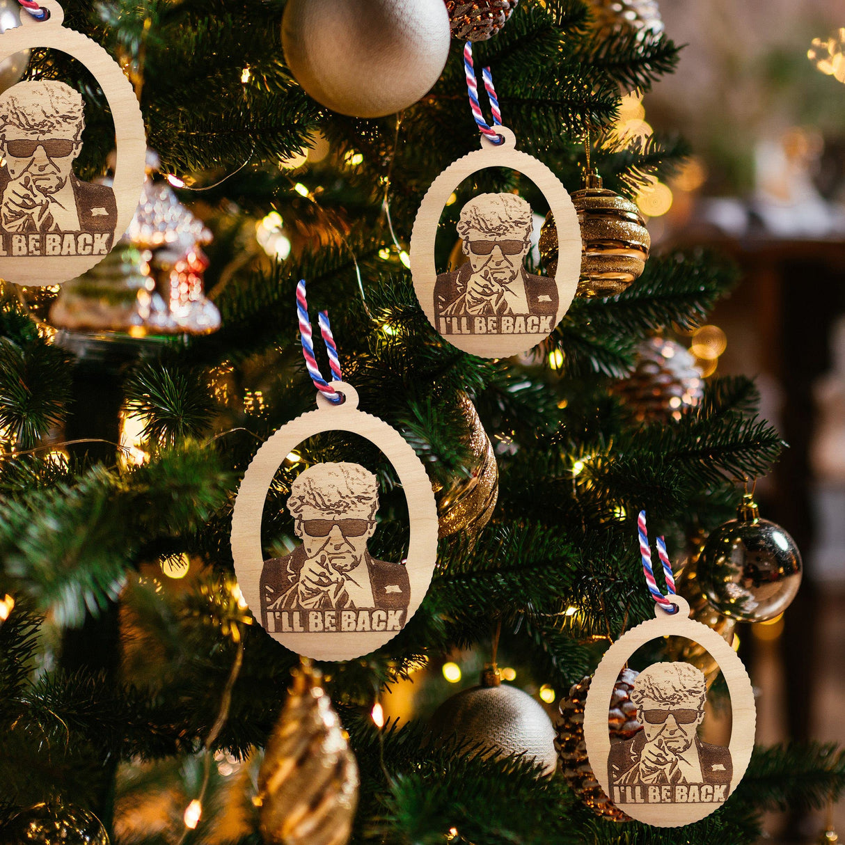2024 Donald Trump Ornaments - I'll Be Back Wooden Decor - USA Made Christmas Ornament - Patriotic Decorations for American Constitutional Patriots - Wood Gift for Home, Office, Car